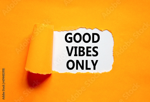 Good vibes only symbol. Concept word Good vibes only on beautiful white paper. Beautiful orange table orange background. Business motivational good vibes only concept. Copy space. photo