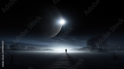 Figure Amidst Mystical Night with Mist and Planets