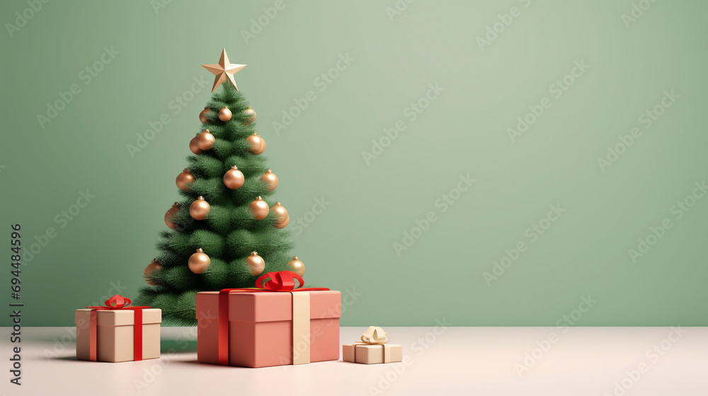 Fototapeta premium Festive winter Christmas tree with decorations and presents, soft gradient green background 