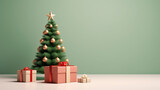 Festive winter Christmas tree with decorations and presents, soft gradient green background 