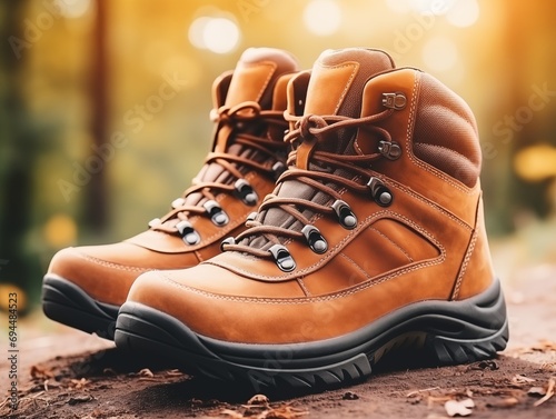 Detailed Brown Leather Hiking Boots on Earthy Ground