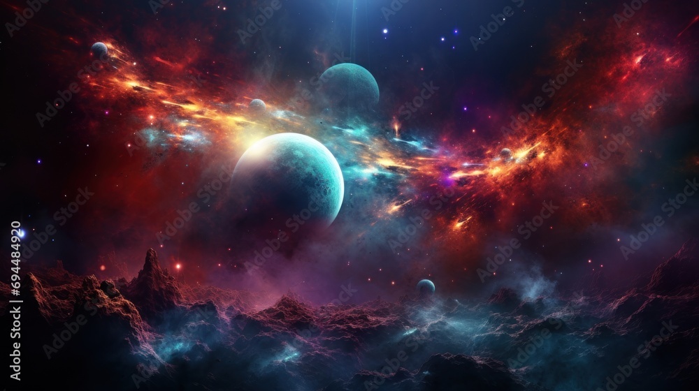 Fototapeta premium an image of a space scene with planets in the foreground and a distant star in the middle of the image.