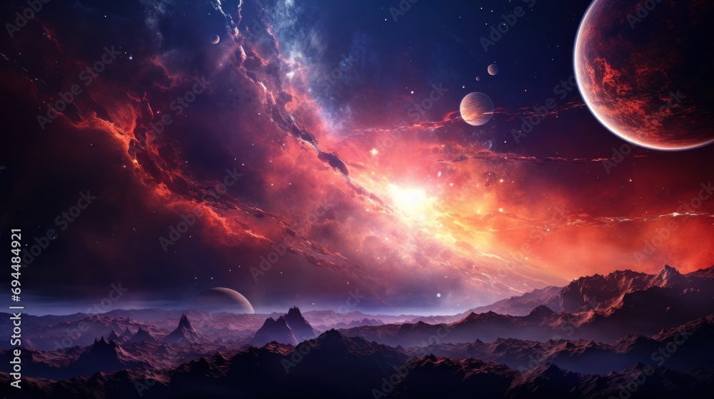  an image of a space scene with planets and stars in the sky and mountains in the foreground, and a distant planet in the background.