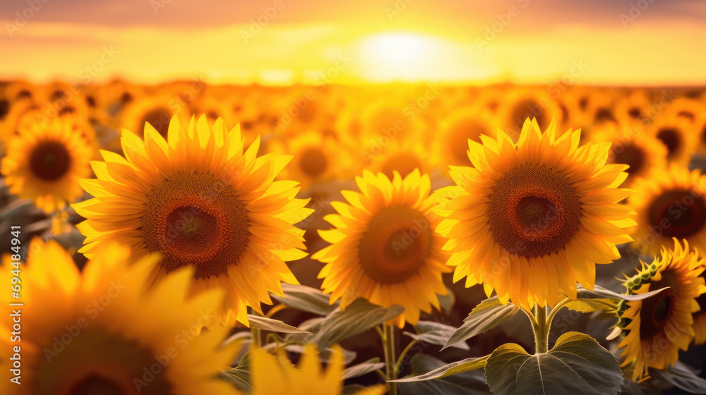 Fototapeta premium Wide field of sunflowers in summer sunset, panorama blur background. Autumn or summer sunflowers background. Shallow depth of field.