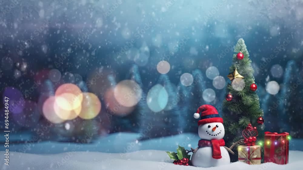 christmas celebration with snowman and christmas tree with snowfall decoration concept. with cartoon style. seamless looping time-lapse virtual video animation background.