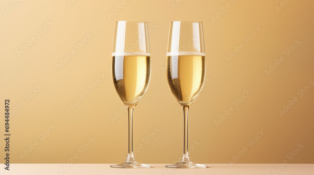  two glasses of champagne sitting next to each other on a white table with a yellow background and a gold wall in the background.