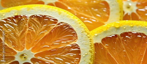 Macro close-up of sliced Organic Indian Citrus fruit showing juice glands and seed, with light passing through. photo