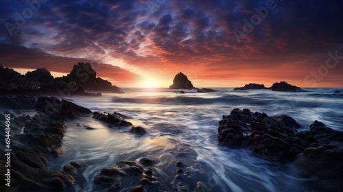  a sunset over the ocean with rocks in the foreground and a body of water with waves in the foreground.