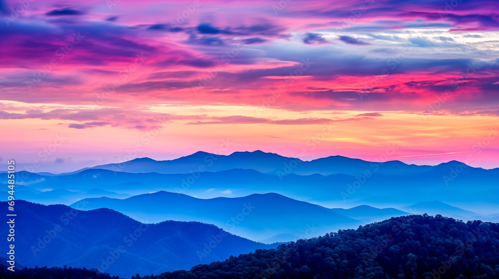 A whirlwind of colors showcasing a vibrant sunrise over a mountainous landscape, vivid hues merging with soft pastels.