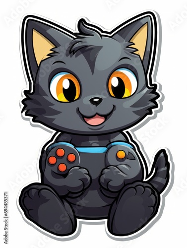 Cartoon sticker cute gamer kitten with game joystick  AI
