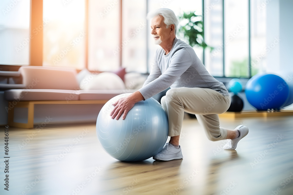 Naklejka premium Senior Caucasian man doing exercise with a swiss ball at a gym