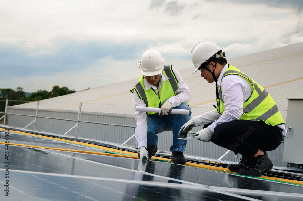 Engineers or Specialist technicians team, Check the quality of installing solar photovoltaic panels and Use technology applications to check accumulated power generation from solar panels on tablets. Engineers or Specialist technicians team, Check the quality of installing solar photovoltaic panels and Use technology applications to check accumulated power generation from solar panels on tablets.