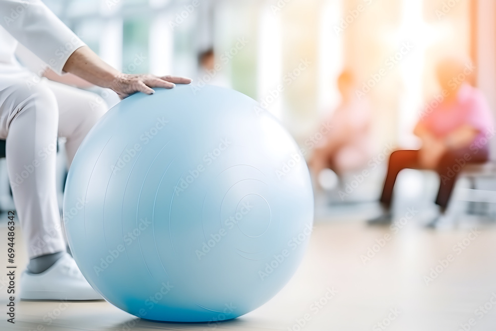 Caucasian senior doing exercise with a swiss ball at a gym Caucasian senior doing exercise with a swiss ball at a gym