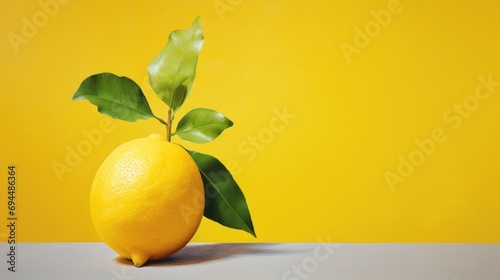  a lemon with a green leaf sticking out of it's back end on a gray surface with a yellow background. photo