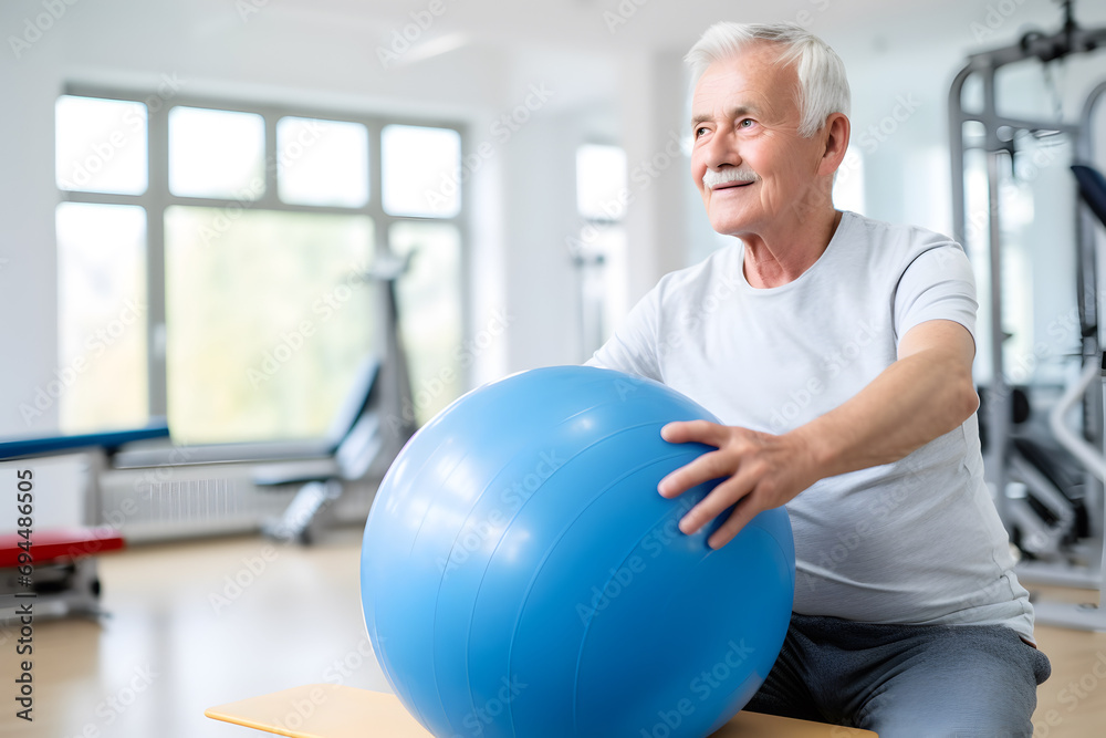 Senior Caucasian man doing exercise with a swiss ball at a gym Senior Caucasian man doing exercise with a swiss ball at a gym
