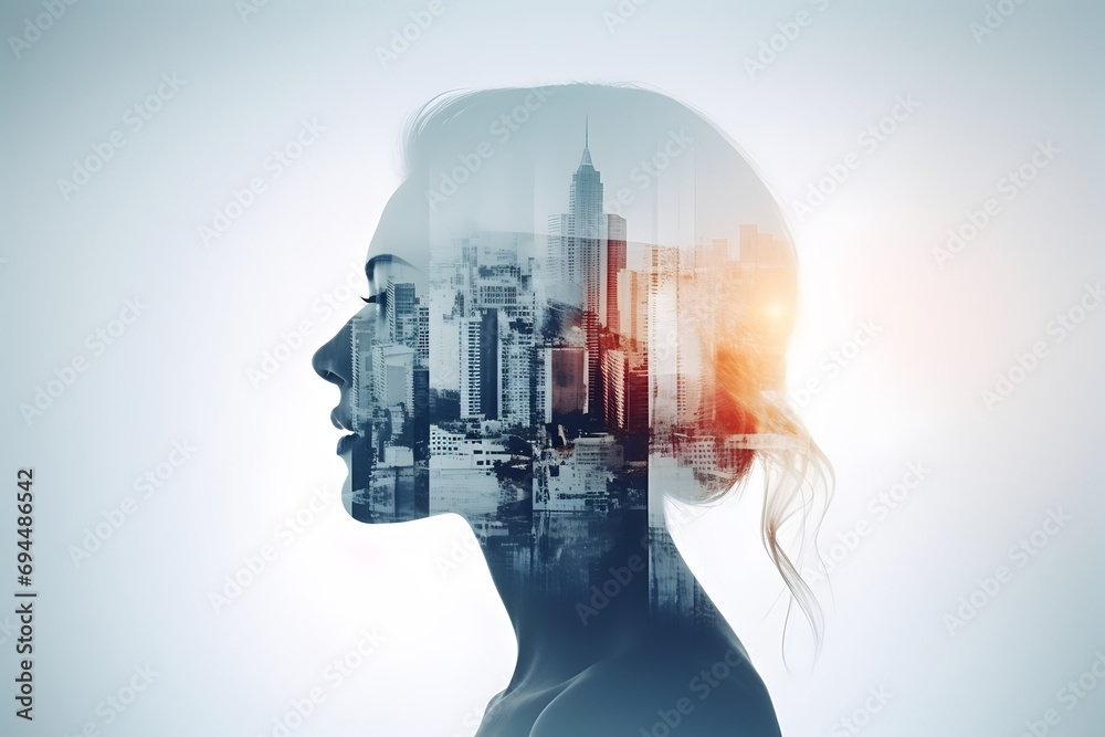 Double exposure of a woman and modern city skyline.