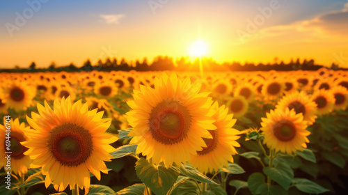 Wide field of sunflowers in summer sunset, panorama blur background. Autumn or summer sunflowers background. Shallow depth of field.