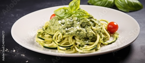 Zucchini noodles with creamy basil sauce and cheese, placed on a grey stone table. Vegetarian vegetable pasta.
