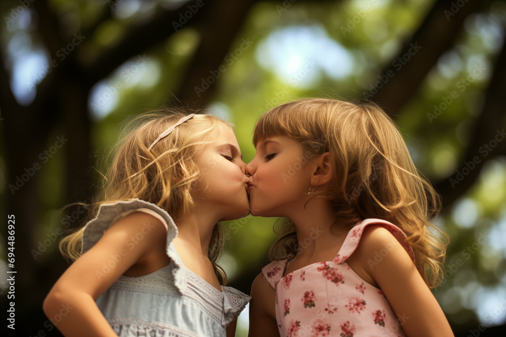 Two little girls kissing each other on the lips