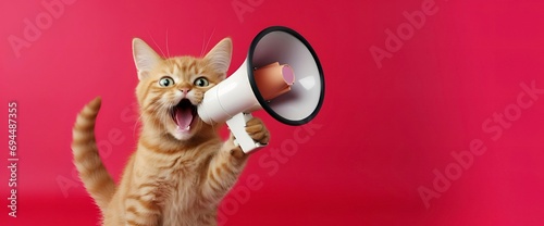 Cat announcing using megaphone. Notifying, warning, announcement. photo