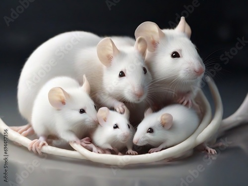 Scientific image: Family of white lab rats. Ideal for research, laboratory, and educational visuals. Research animals using for health sector development. Innocent and cute animals.