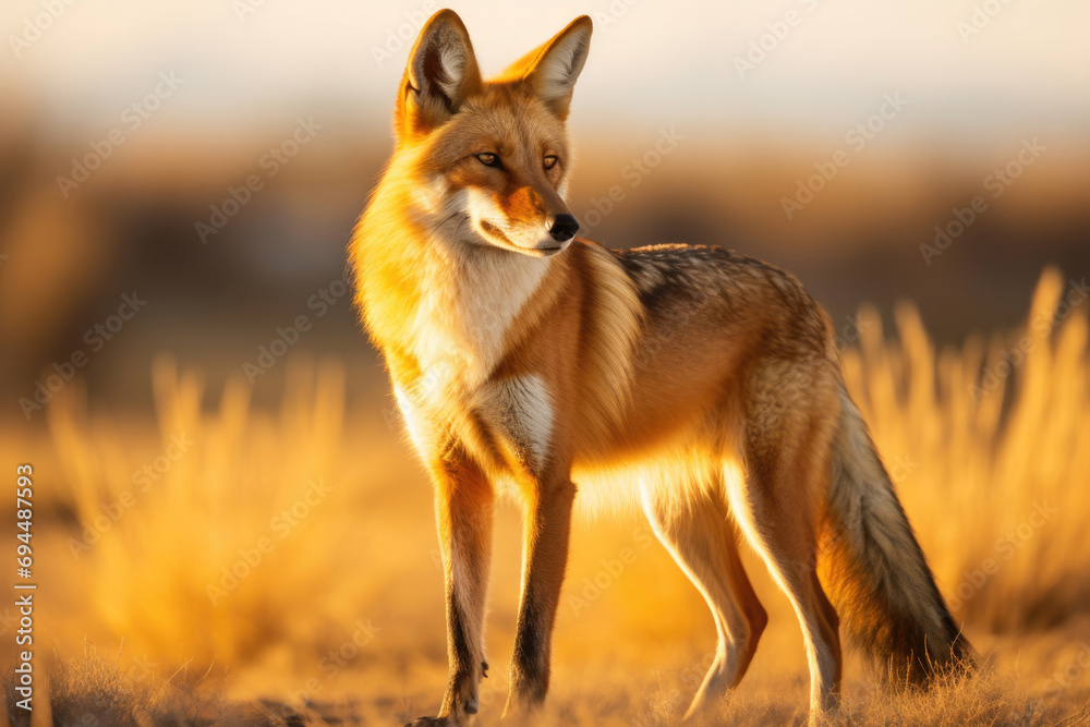 A majestic Maned Wolf stands tall in the golden glow of the South American savannah