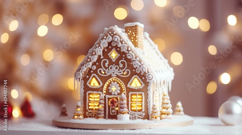 Intricately decorated Christmas gingerbread house displayed on a white background with a backdrop of defocused golden lights, s