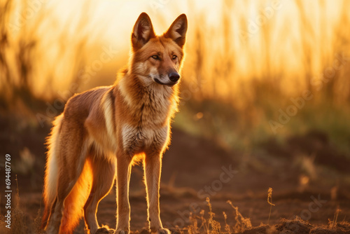 A majestic Maned Wolf stands tall in the golden glow of the South American savannah