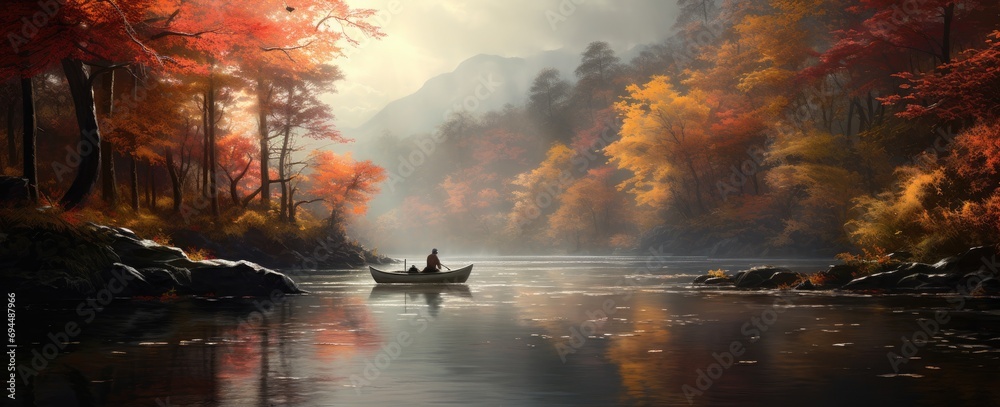 Fototapeta premium a single person canoeing down a river into the autumn foliage