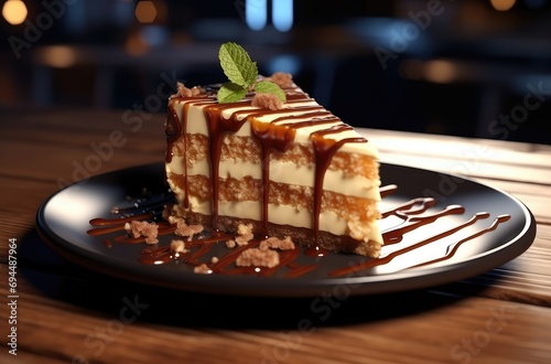 a slice of cheesecake with caramel on top