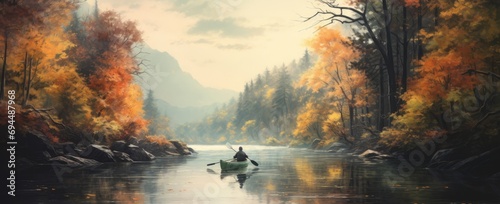 a single person canoeing down a river into the autumn foliage