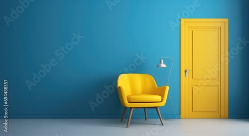 a yellow door, chair and blue wall yellow door photo
