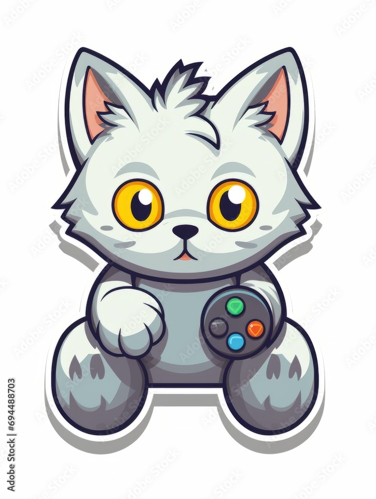 Cartoon sticker cute gamer kitten with game joystick, AI Cartoon sticker cute gamer kitten with game joystick, AI