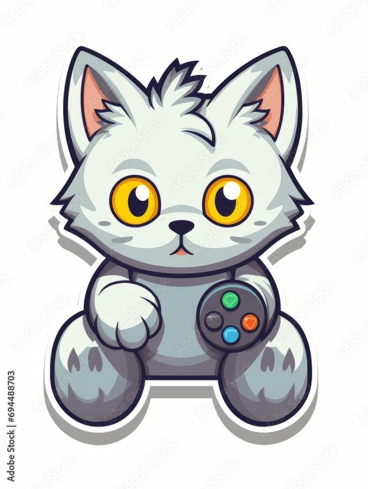 Cartoon sticker cute gamer kitten with game joystick, AI