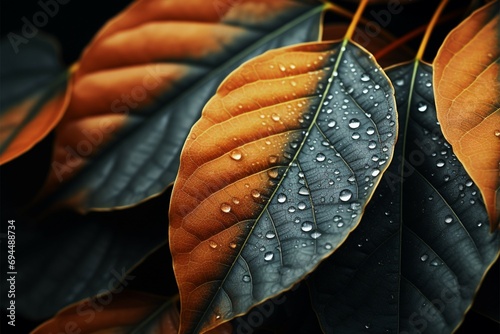Seasonal charm Beautiful autumn leaves close up, adorned with water droplets