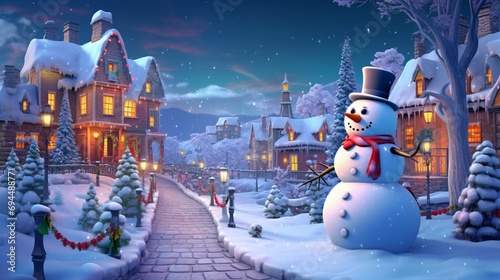 Whimsical winter landscape at Christmas night, featuring a snowman in a charming village setting, illuminated by the warm glow of holiday decorations