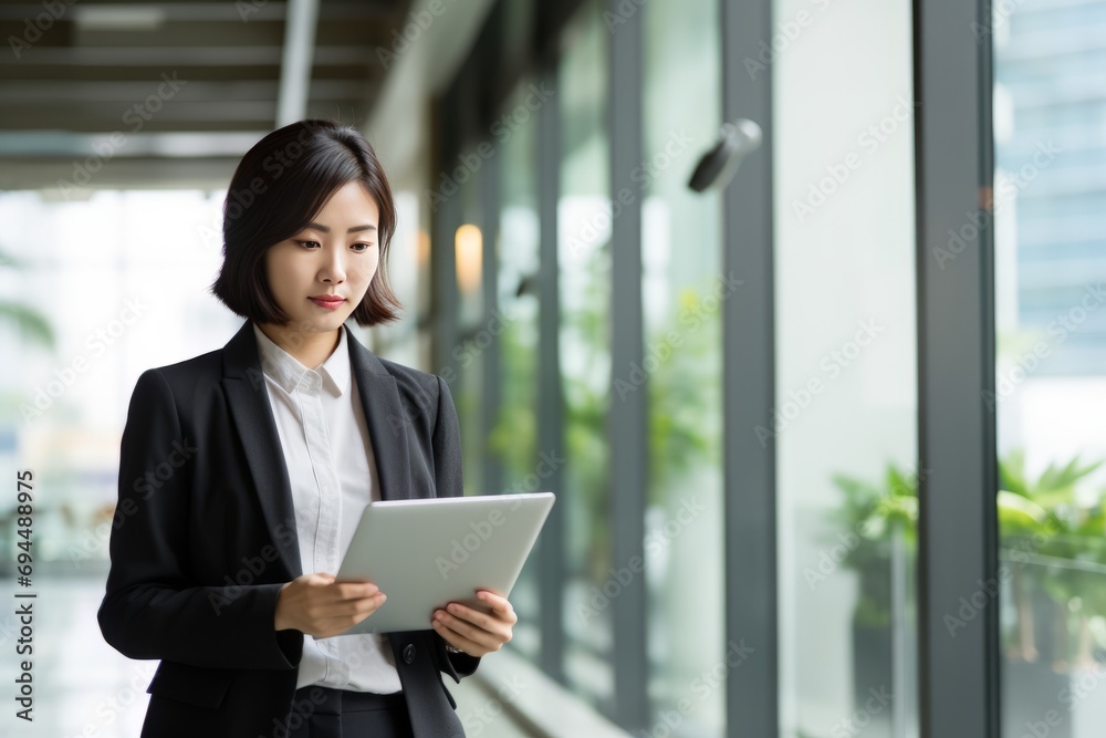 asian businesswoman holding a tablet device in office asian businesswoman holding a tablet device in office