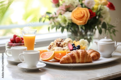 A gourmet morning spread, pastries, fresh fruits, and inviting coffee, plus generous copy space