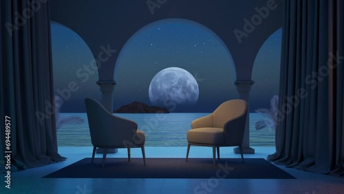 Dark night scene of two chairs in a room with arch, big moon raising, in seascape, in the style of surreal 3D landscapes.
