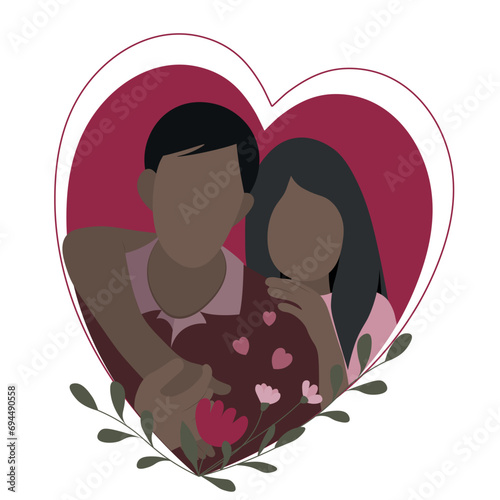 Dark skinned couple in heart frame isolated on white, flat vector, faceless illustration, Valentine's Day