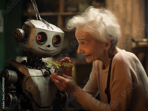 Alte Frau mit Pflanze lacht mit freundlichem Roboter Pflege photo