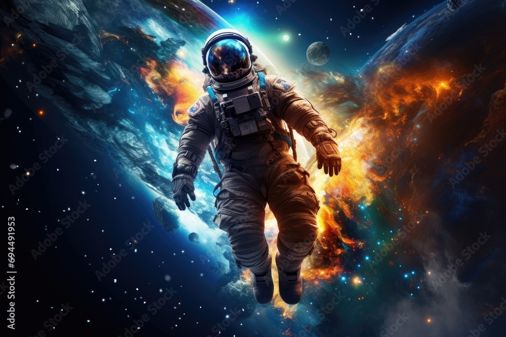 Astronaut in vivid space, adorned with stars, planets, and expansive copy space for text Astronaut in vivid space, adorned with stars, planets, and expansive copy space for text