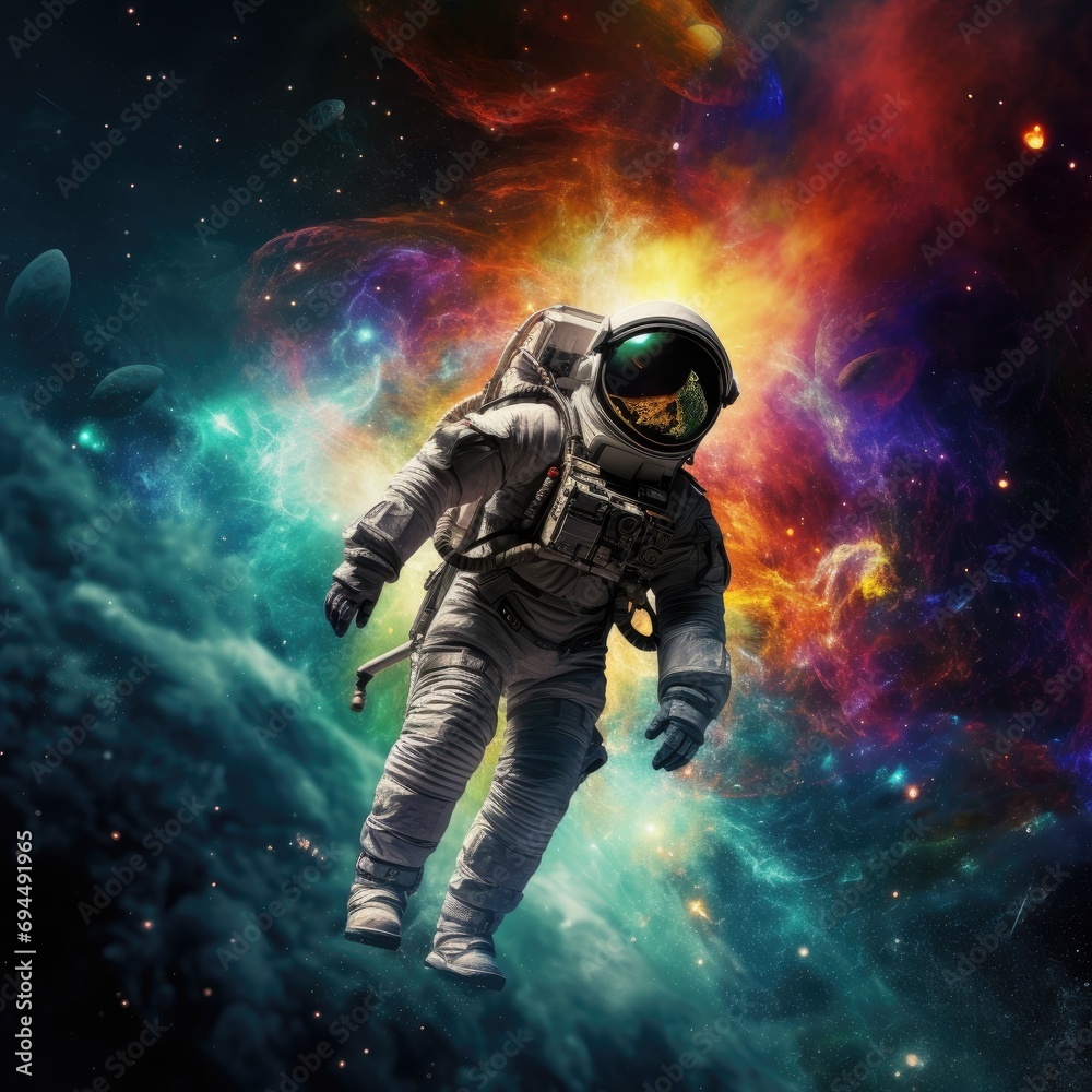 Astronaut in vivid space, adorned with stars, planets, and expansive copy space for text