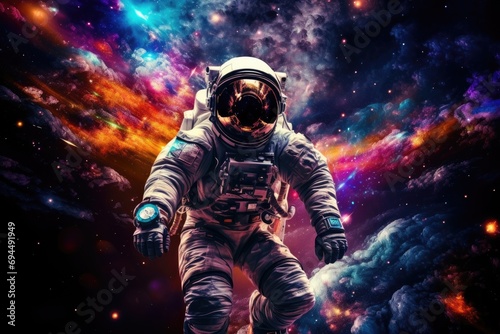 Astronaut in vivid space, adorned with stars, planets, and expansive copy space for text