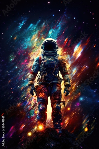 Astronaut in vivid space, adorned with stars, planets, and expansive copy space for text © ArtCookStudio