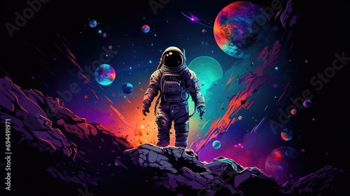 Astronaut in vivid space, adorned with stars, planets, and expansive copy space for text