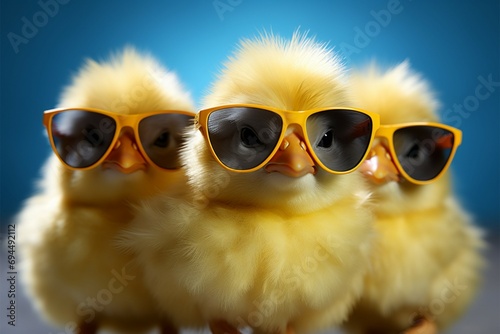 Cool chick Small yellow poultry wearing sunglasses, happy farm baby