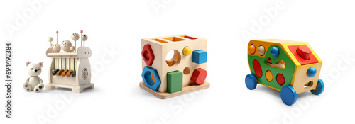 cutout set of 3 colorful classic toddler or baby toys of car wheels, xylophone and geometric cubes isolated on transparent png background