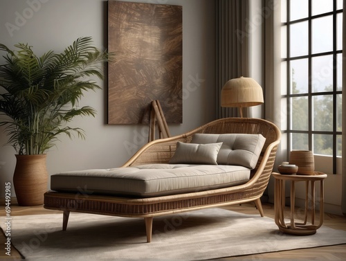 Modern composition of living room with design chaise longue, mock up painting, rattan decoration, wooden cube photo