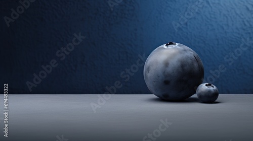  a couple of blueberries sitting on top of a table next to a blue wall in front of a blue wall.